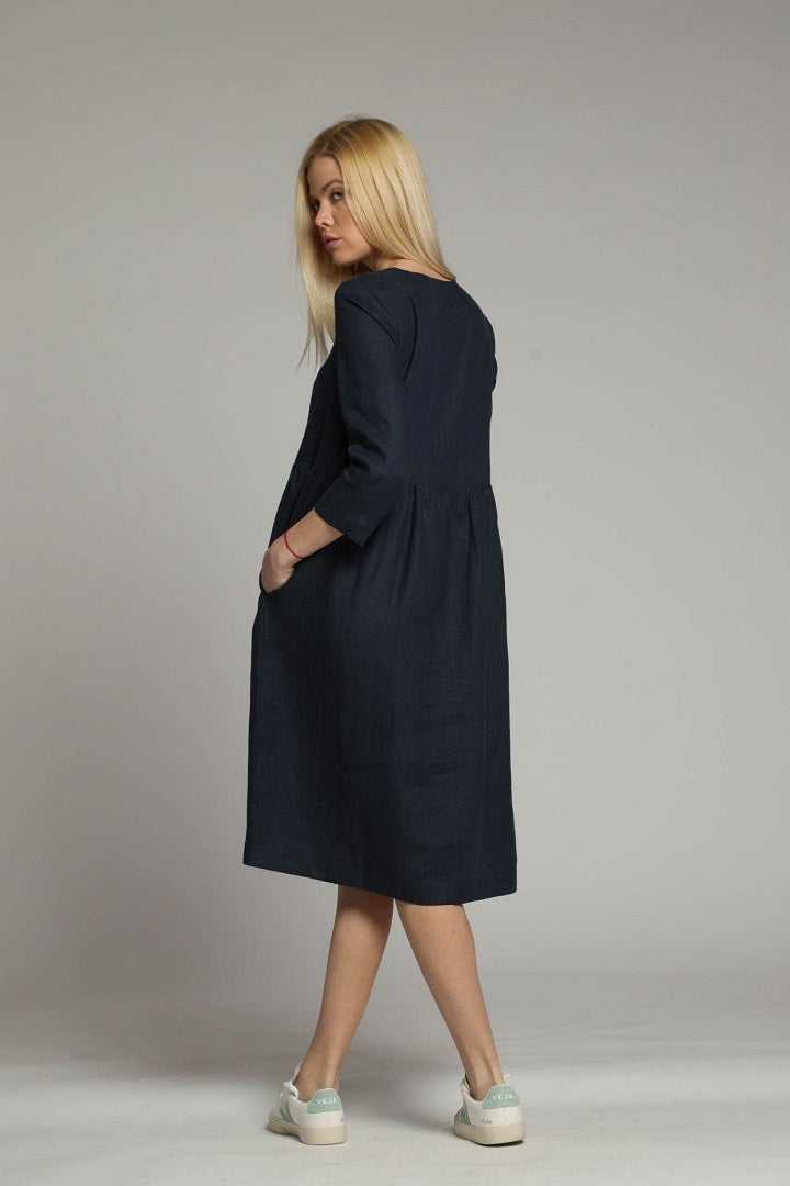 Sorrento loose linen dress with sleeves and high waist