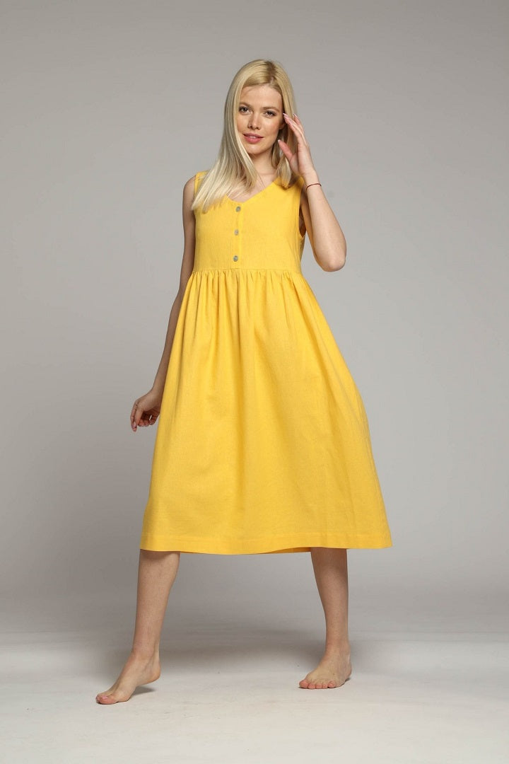 Amalfi linen loose sleeveless midi dress in yellow