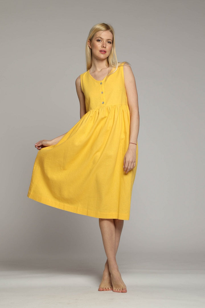 Amalfi linen loose sleeveless midi dress in yellow