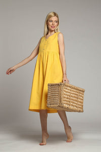 Amalfi linen loose sleeveless midi dress in yellow