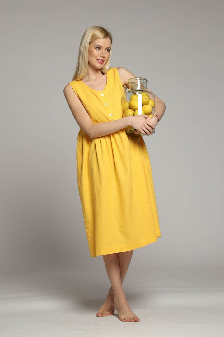 Amalfi linen loose sleeveless midi dress in yellow