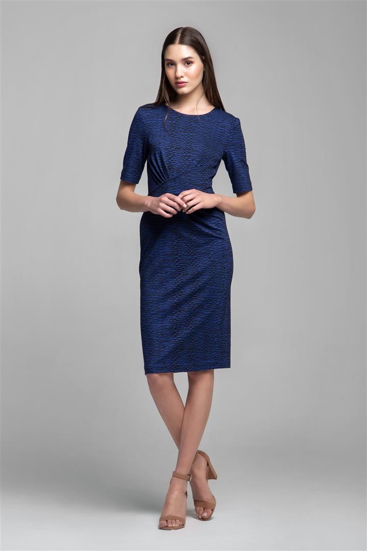 Soft Jersey Dress With Waistline Drapes in Blue Print