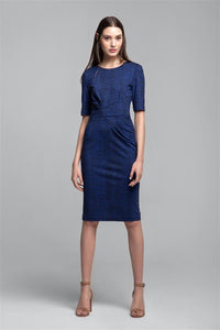 Soft Jersey Dress With Waistline Drapes in Blue Print