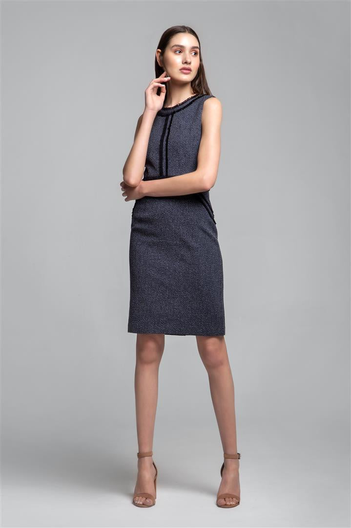 Navy cotton tweed dress with fringed detail