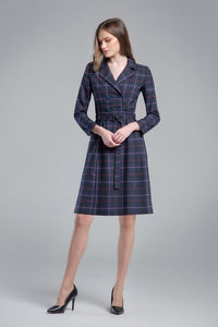 Tartan double-breasted dress with pleated back