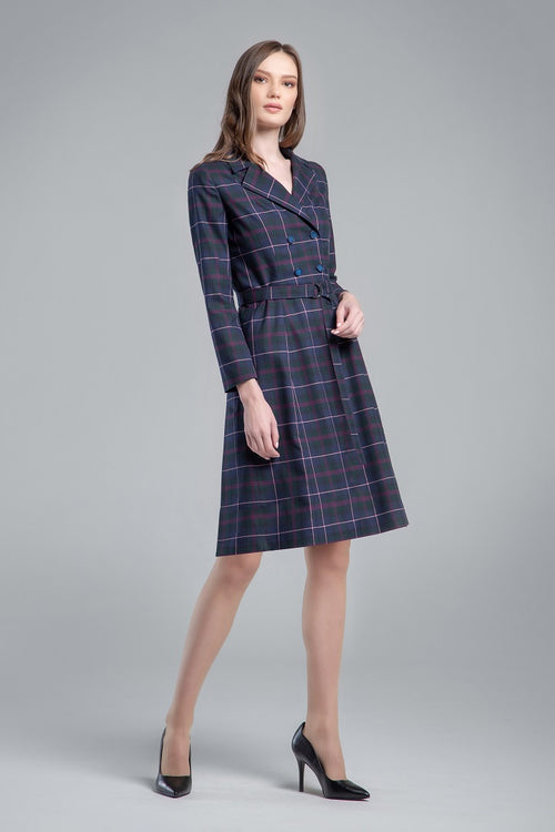 Tartan double-breasted dress with pleated back
