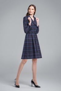 Tartan double-breasted dress with pleated back