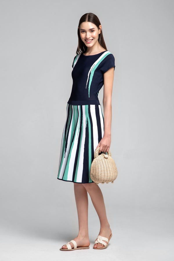 Striped knitted fit and flare dress in navy and turquoise