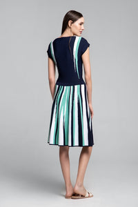 Striped knitted fit and flare dress in navy and turquoise