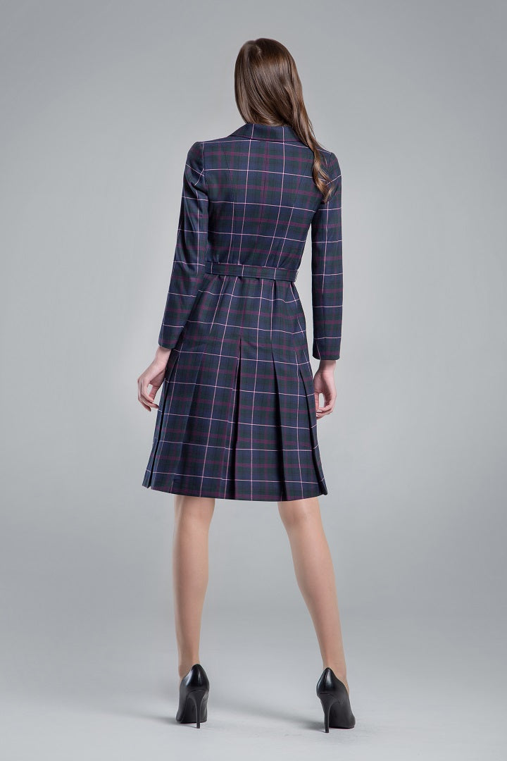 Tartan double-breasted dress with pleated back