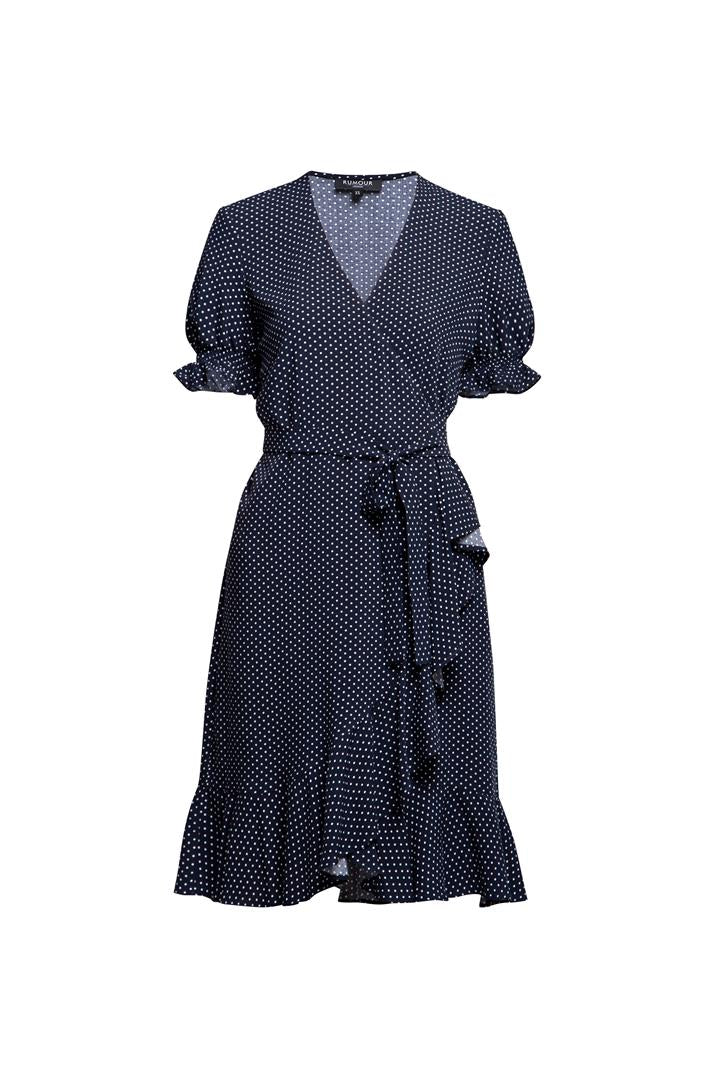 Ruffled wrap dress with short sleeves in polka dot print