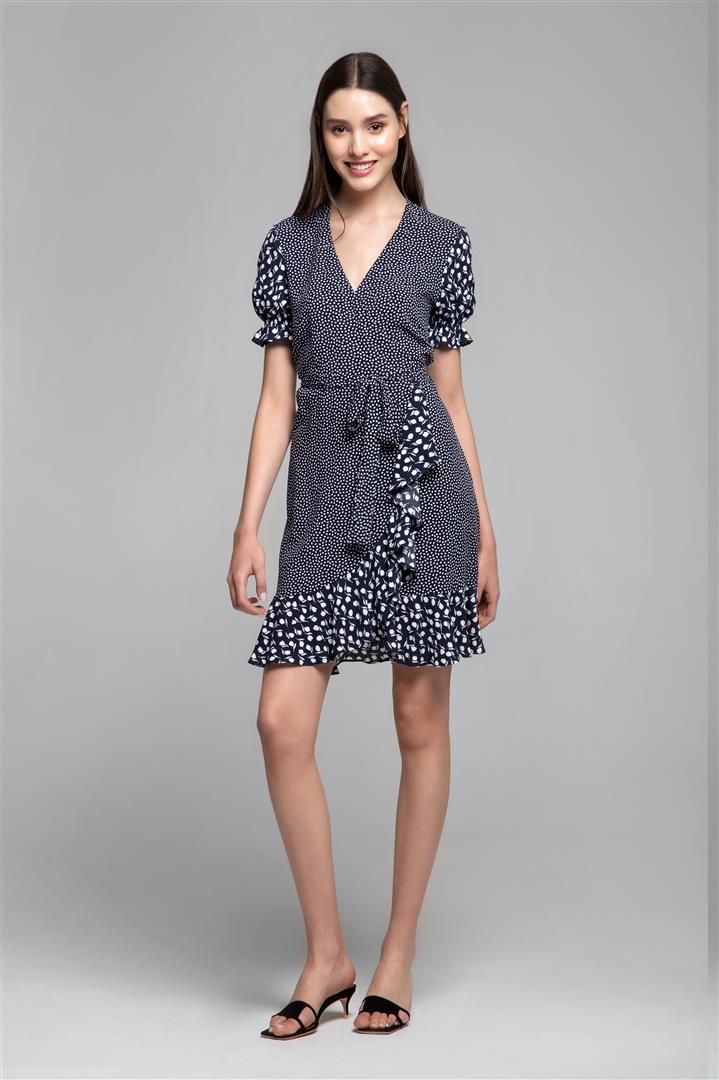 Ruffled wrap dress with short sleeves in floral print