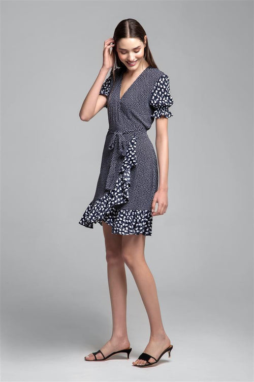 Ruffled wrap dress with short sleeves in floral print