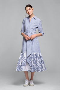 Belted striped shirt dress with embroidered panel