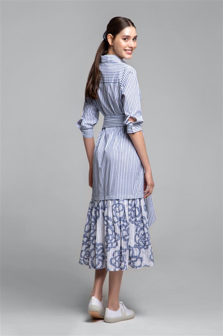 Belted striped shirt dress with embroidered panel