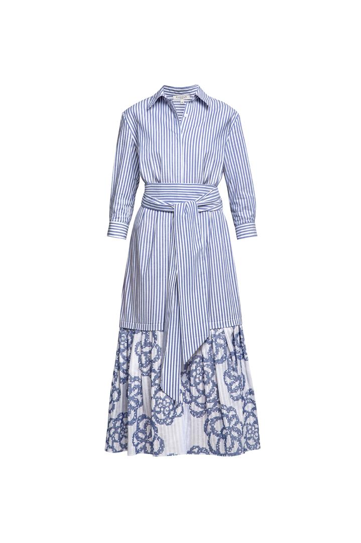 Belted striped shirt dress with embroidered panel