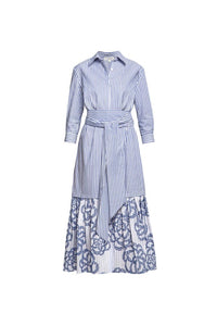 Belted striped shirt dress with embroidered panel