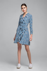 Ruffled silk wrap dress with cherry blossom print