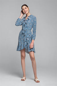 Ruffled silk wrap dress with cherry blossom print