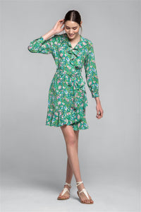 Ruffled silk wrap dress in green floral print