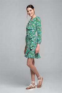 Ruffled silk wrap dress in green floral print