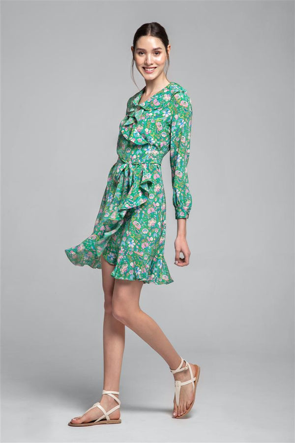 Ruffled silk wrap dress in green floral print (Liberty print)