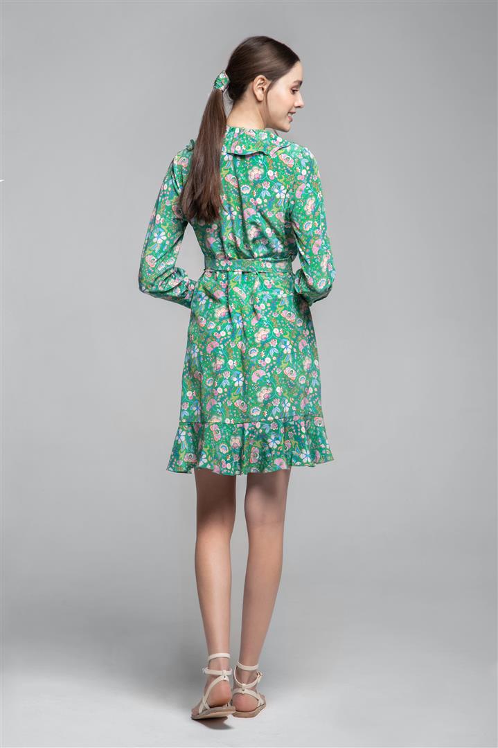 Ruffled silk wrap dress in green floral print
