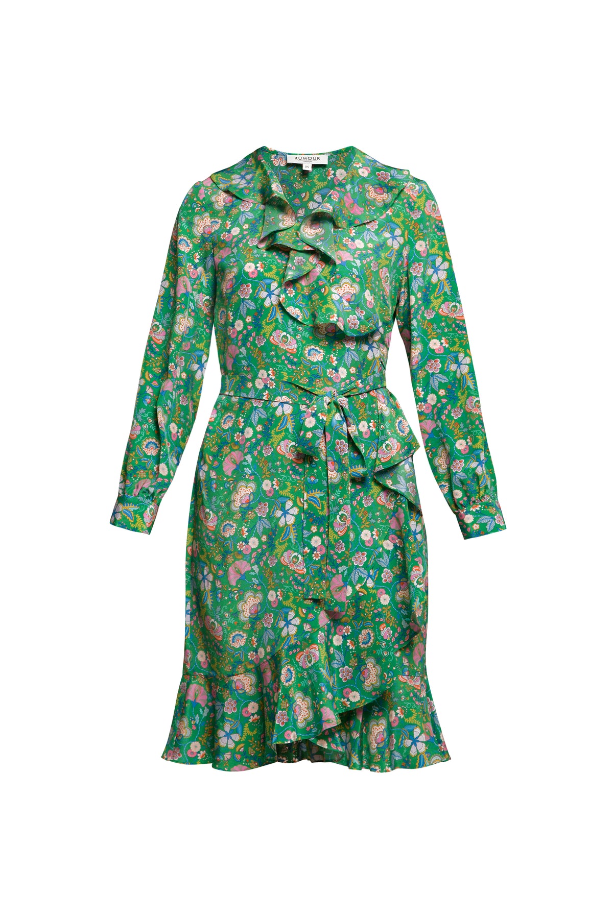 Ruffled silk wrap dress in green floral print