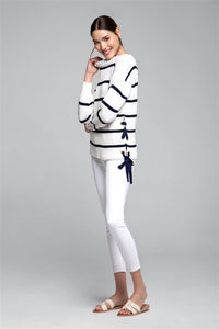 Striped Cotton Sweater With Metal Eyelets In Cream