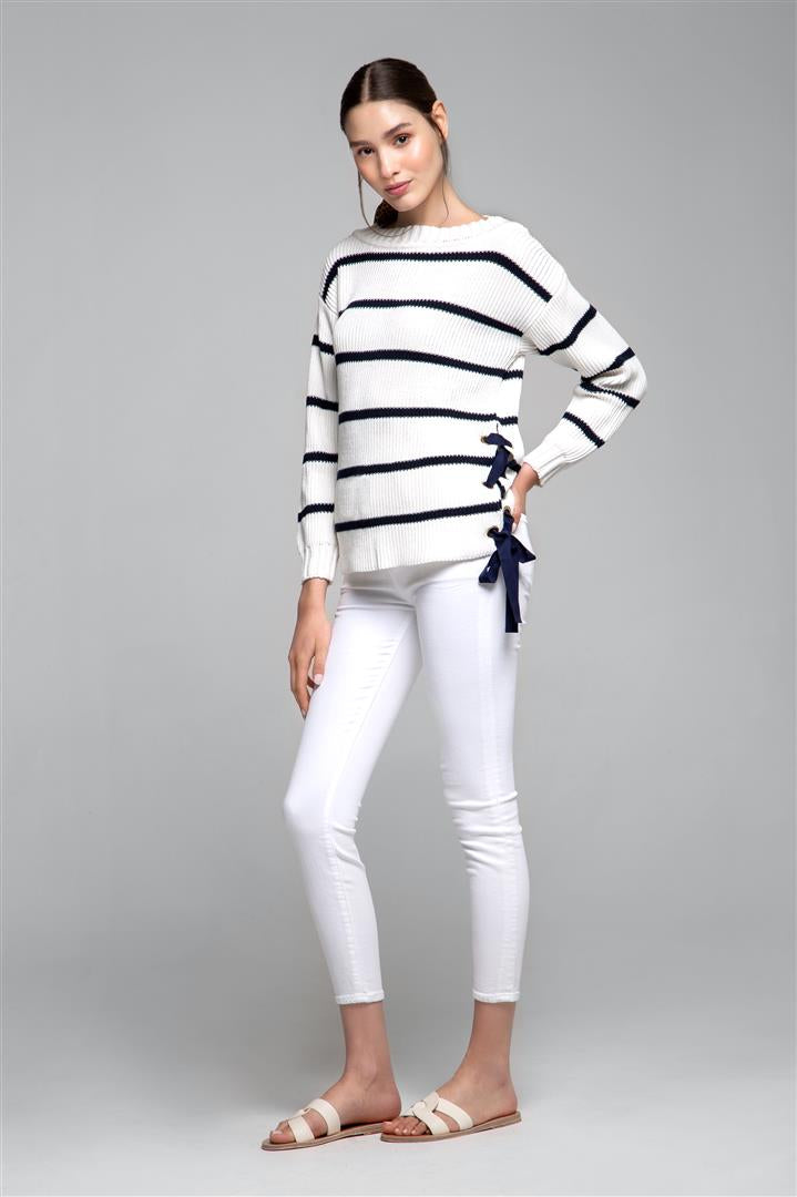 Striped Cotton Sweater With Metal Eyelets In Cream