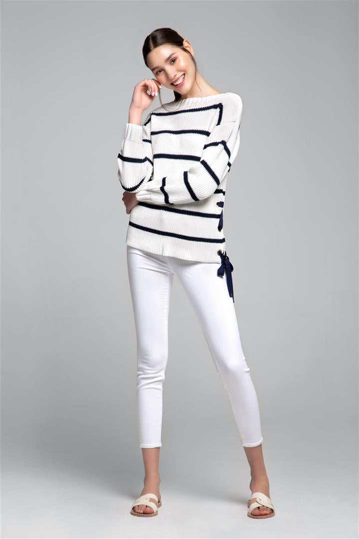 Striped Cotton Sweater With Metal Eyelets In Cream