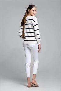 Striped Cotton Sweater With Metal Eyelets In Cream