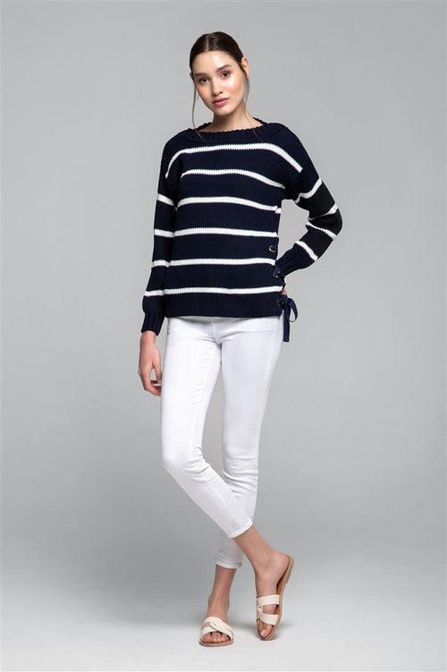 Striped Cotton Sweater With Metal Eyelets In Midnight Blue
