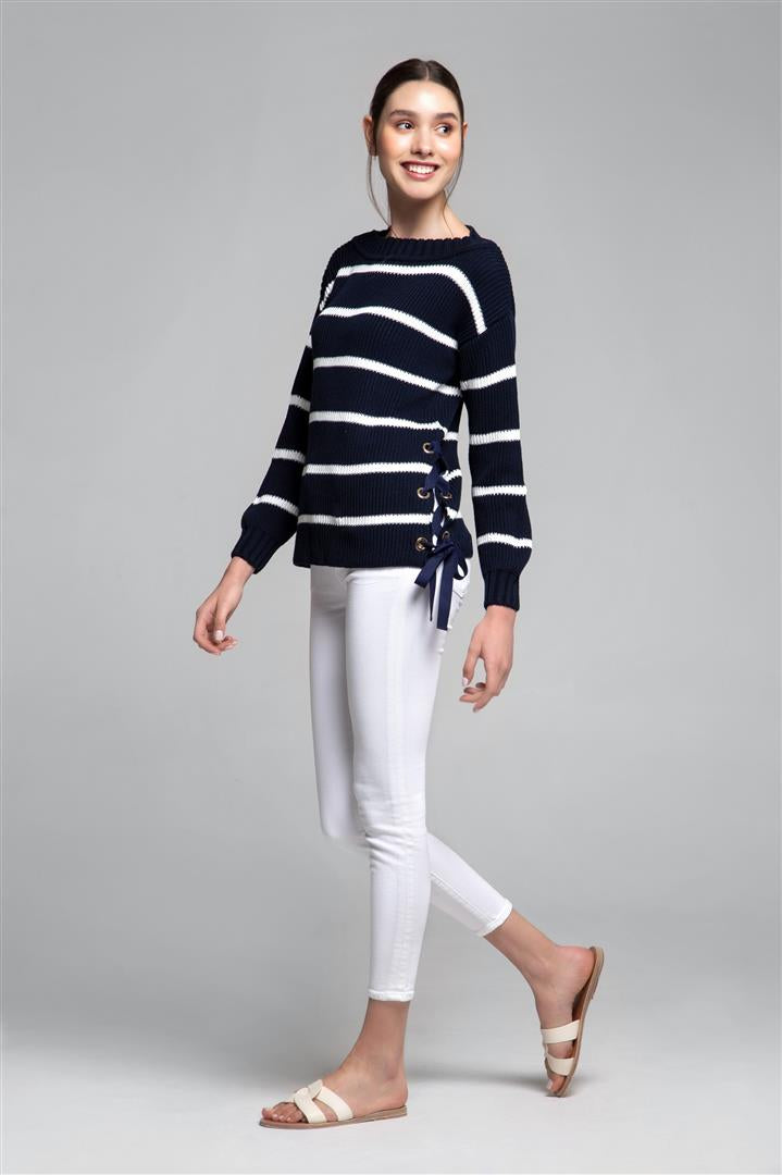 Striped Cotton Sweater With Metal Eyelets In Midnight Blue