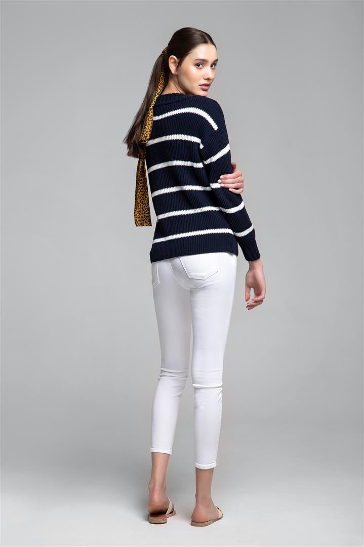 Striped Cotton Sweater With Metal Eyelets In Midnight Blue