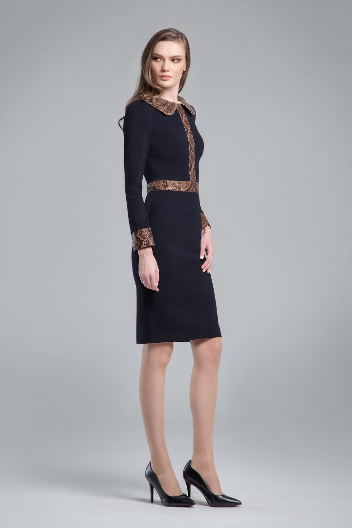 Black jersey dress with snake-effect trim