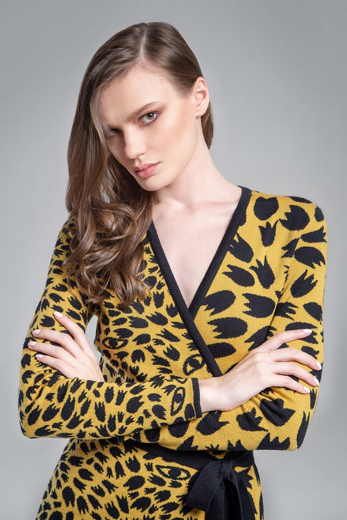 Jacquard-knit wrap dress with animal pattern in yellow