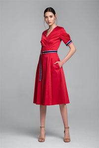 Red flared cotton poplin dress with slits