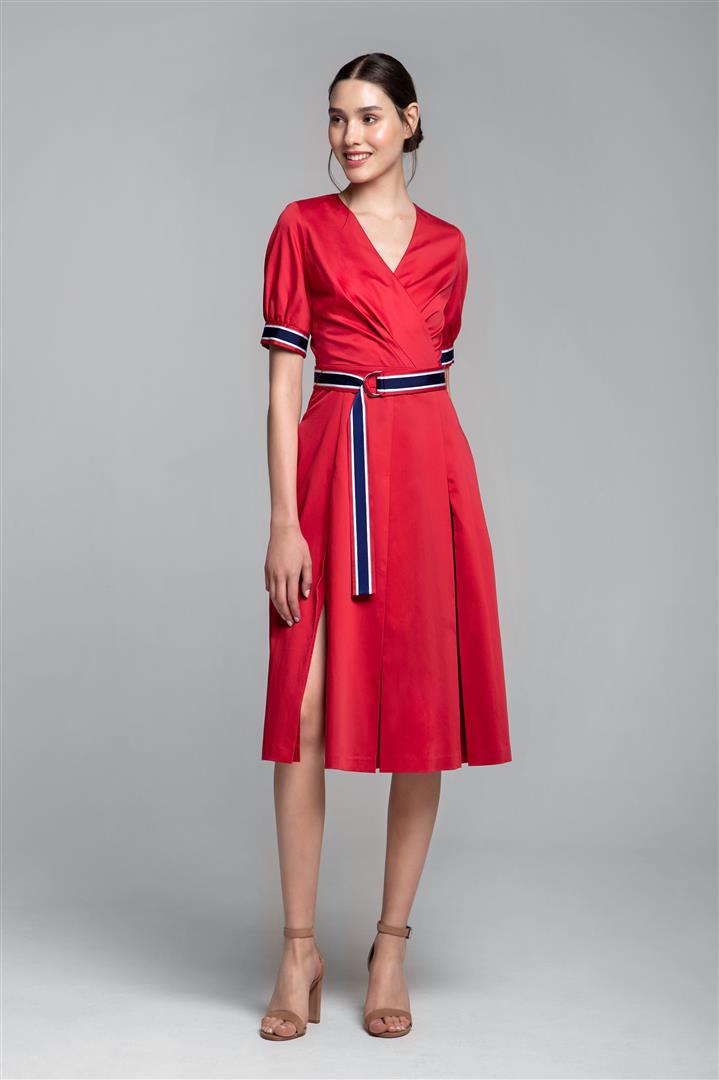 Red flared cotton poplin dress with slits