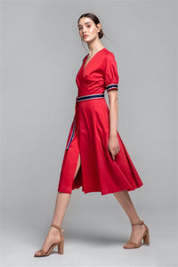 Red flared cotton poplin dress with slits