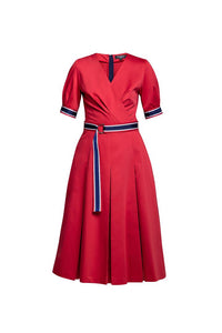 Red flared cotton poplin dress with slits