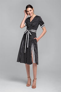 Polka dot flared cotton dress with striped details and slits