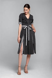 Polka dot flared cotton dress with striped details and slits