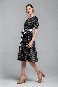 Polka dot flared cotton dress with striped details and slits