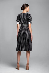 Polka dot flared cotton dress with striped details and slits