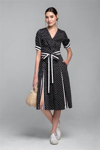 Polka dot flared cotton dress with striped details and slits