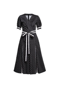 Polka dot flared cotton dress with striped details and slits