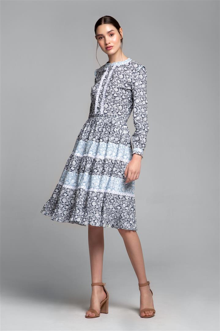 Printed poplin midi dress with embroidered trim