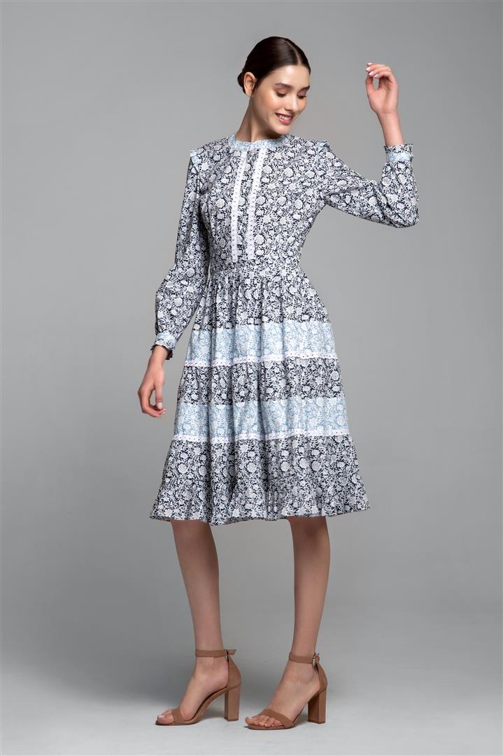 Printed poplin midi dress with embroidered trim