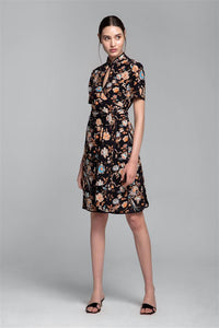 Kimono-style silk wrap dress with oriental print in black